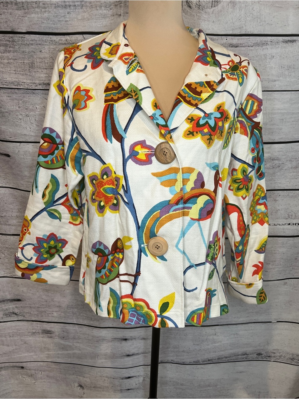 Painted Pony Vintage Jacket Tropical Birds Flowers Cotton Colorful Off White